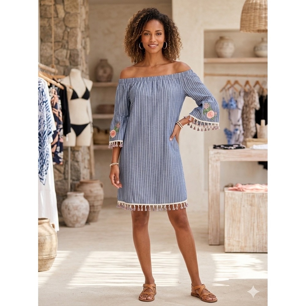 Oddi Blue White Striped Off Shoulder Tassel Dress Floral Embroidery L